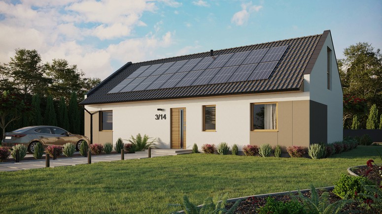 ERDOL 3 XL - Version Links (Wohnzimmer auf der linken Seite) - Modernes Satteldach mit Dachgeschoss -Dachneigung 35 Grad - keine Dachfenster - Balkontür im Esszimmer und Bodentiefe Fenster im Dachgeschoss - Styropor, Netz, Kleber - Winchester - Photovoltaik-Installation 8 kWp (20 Paneele)