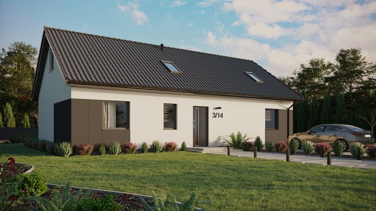 ERDOL 3 XL - Version Rechts (Wohnzimmer auf der rechten Seite) - Satteldach mit Dachgeschoss -Dachneigung 35 Grad - Zwei Zimmer-Dachfenster und ein Badezimmer-Dachfenster - Standard - Styropor, Netz, Kleber - Anthrazit - Ohne