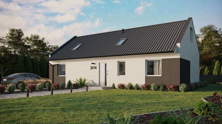 ERDOL 3 XL - Version Links (Wohnzimmer auf der linken Seite) - Modernes Satteldach mit Dachgeschoss -Dachneigung 35 Grad - Zwei Zimmer-Dachfenster und ein Badezimmer-Dachfenster - Standard - Styropor, Netz, Kleber - Weiß - Ohne