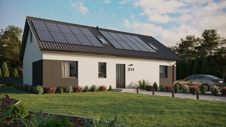 ERDOL 3 XL - Version Rechts (Wohnzimmer auf der rechten Seite) - Satteldach mit Dachgeschoss -Dachneigung 35 Grad - Zwei Zimmer-Dachfenster und ein Badezimmer-Dachfenster - Standard - Styropor, Netz, Kleber - Anthrazit - Photovoltaik-Installation 8 kWp (20 Paneele)