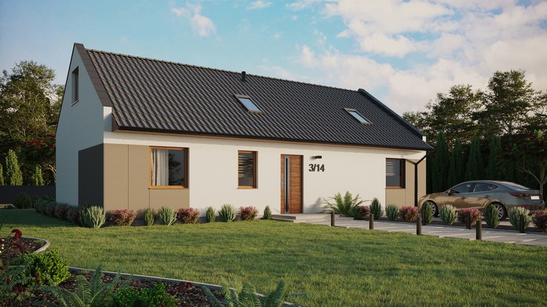 ERDOL 3 XL - Version Rechts (Wohnzimmer auf der rechten Seite) - Modernes Satteldach mit Dachgeschoss -Dachneigung 35 Grad - Zwei Zimmer-Dachfenster und ein Badezimmer-Dachfenster - Standard - Styropor, Netz, Kleber - Goldene Eiche - Ohne