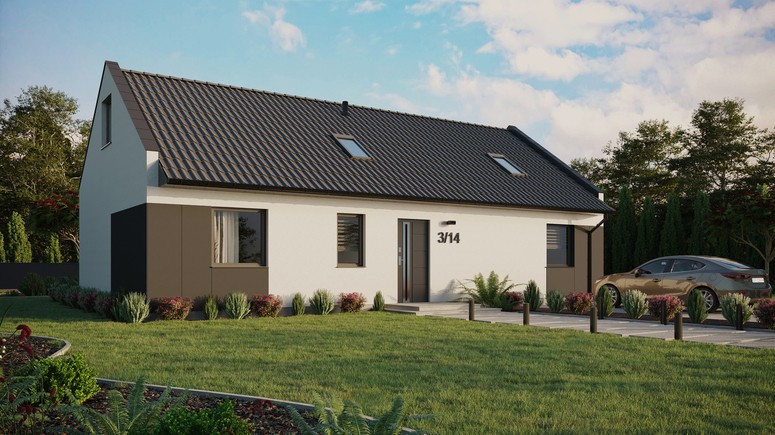 ERDOL 3 XL - Version Rechts (Wohnzimmer auf der rechten Seite) - Modernes Satteldach mit Dachgeschoss -Dachneigung 35 Grad - Zwei Zimmer-Dachfenster und ein Badezimmer-Dachfenster - Standard - Styropor, Netz, Kleber - Anthrazit - Ohne