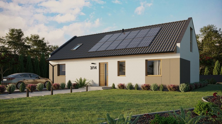 ERDOL 3 XL - Version Links (Wohnzimmer auf der linken Seite) - Modernes Satteldach mit Dachgeschoss -Dachneigung 35 Grad - Dachfenster für Zimmer und Badezimmer - Bodentiefe Fenster im Dachgeschoss - Styropor, Netz, Kleber - Winchester - Photovoltaik-Installation 4,8 kWp (12 Paneele)