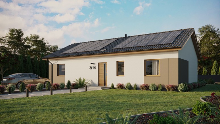 ERDOL 3 XL - Version Links (Wohnzimmer auf der linken Seite) - Satteldach ohne Dachgeschoss - Dachneigung 25 Grad - Starres Tunneldachfenster - Standard - Styropor, Netz, Kleber - Winchester - Photovoltaik-Installation 8 kWp (20 Paneele)