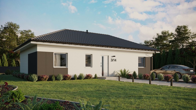 ERDOL 3 XL - Version Rechts (Wohnzimmer auf der rechten Seite) - Walmdach ohne Dachgeschoss- Dachneigung 25 Grad - keine Dachfenster - Standard - Styropor, Netz, Kleber - Weiß