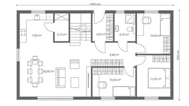 ERDOL 3 XL - Version Rechts (Wohnzimmer auf der rechten Seite) - Treppe in Treppenhaus - Grundriss Erdgeschoss
