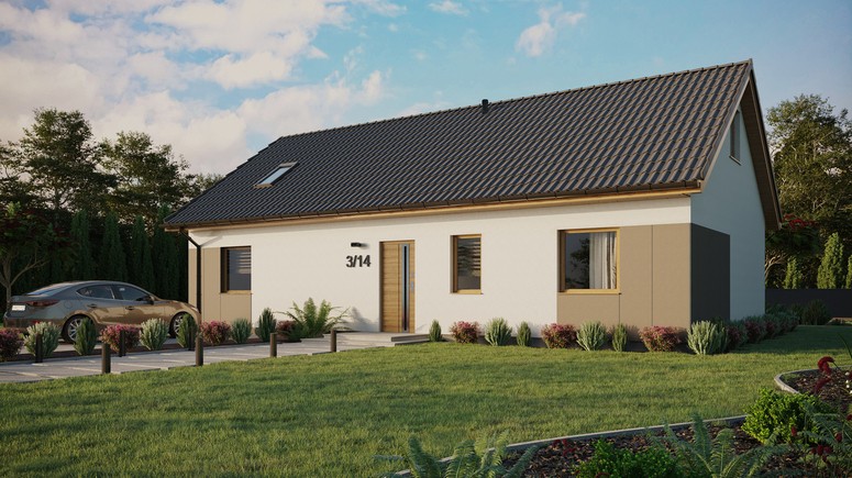 ERDOL 3 XL - Version Links (Wohnzimmer auf der linken Seite) - Satteldach mit Dachgeschoss -Dachneigung 35 Grad - Dachfenster für Zimmer und Badezimmer - Balkontür im Esszimmer - Styropor, Netz, Kleber - Winchester - Ohne