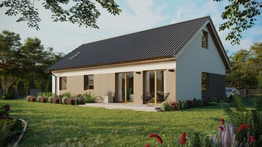 ERDOL 3 XL - Version Links (Wohnzimmer auf der linken Seite) - Satteldach mit Dachgeschoss -Dachneigung 35 Grad - Dachfenster für Zimmer und Badezimmer - Standard - Styropor, Netz, Kleber - Winchester - Photovoltaik-Installation 8 kWp (20 Paneele)