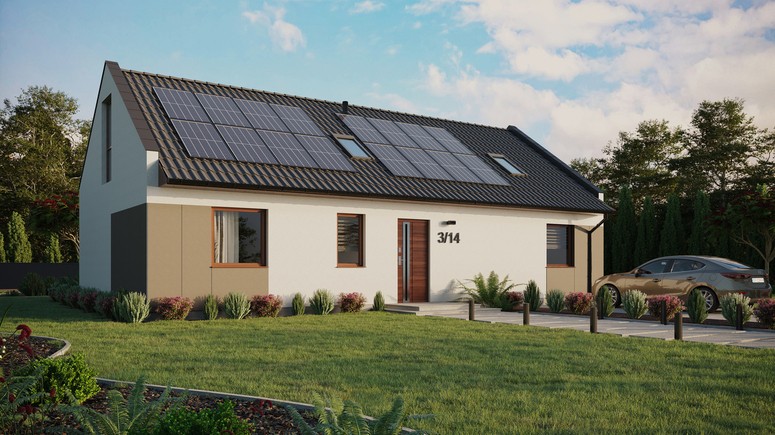 ERDOL 3 XL - Version Rechts (Wohnzimmer auf der rechten Seite) - Modernes Satteldach mit Dachgeschoss -Dachneigung 35 Grad - Zwei Zimmer-Dachfenster und ein Badezimmer-Dachfenster - Balkontür im Esszimmer und Bodentiefe Fenster im Dachgeschoss - Styropor, Netz, Kleber - Nusbaum - Photovoltaik-Installation 6,4 kWp (16 Paneele)