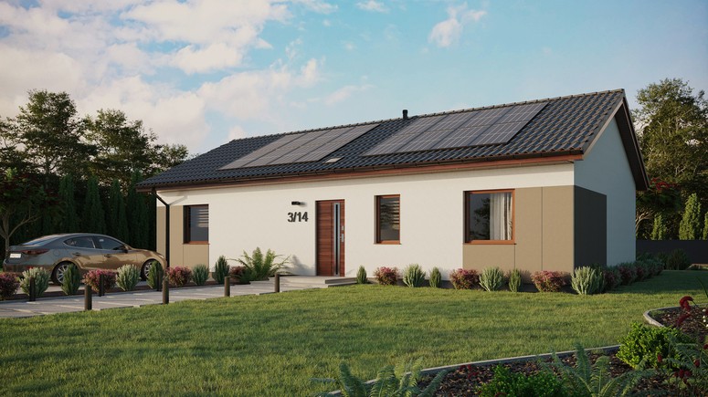 ERDOL 3 XL - Version Links (Wohnzimmer auf der linken Seite) - Satteldach ohne Dachgeschoss - Dachneigung 25 Grad - Starres Tunneldachfenster - Standard - Styropor, Netz, Kleber - Nusbaum - Photovoltaik-Installation 6,4 kWp (16 Paneele)