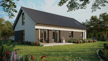 ERDOL 3 XL - Version Rechts (Wohnzimmer auf der rechten Seite) - Satteldach mit Dachgeschoss -Dachneigung 35 Grad - Dachfenster für Zimmer und Badezimmer - Balkontür im Esszimmer und Bodentiefe Fenster im Dachgeschoss - Styropor, Netz, Kleber - Anthrazit - Photovoltaik-Installation 6,4 kWp (16 Paneele)