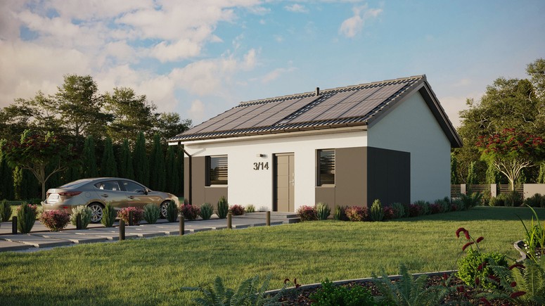 ERDOL 1 - Version Links (Wohnzimmer auf der linken Seite) - Satteldach ohne ausgebautem Dachboden - Dachneigung 25 Grad - Starres Tunneldachfenster - Standard - Styropor, Netz, Kleber - Anthrazit - Photovoltaik-Installation 6,4 kWp (16 Paneele)