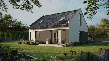 ERDOL 1 - Version Links (Wohnzimmer auf der linken Seite) - Modernes Satteldach mit Dachgeschoss -Dachneigung 35 Grad - Zwei-Zimmer-Dachfenster - Bodentiefe Fenster im Dachgeschoss - Styropor, Netz, Kleber - Anthrazit - Photovoltaik-Installation 6,4 kWp (16 Paneele)