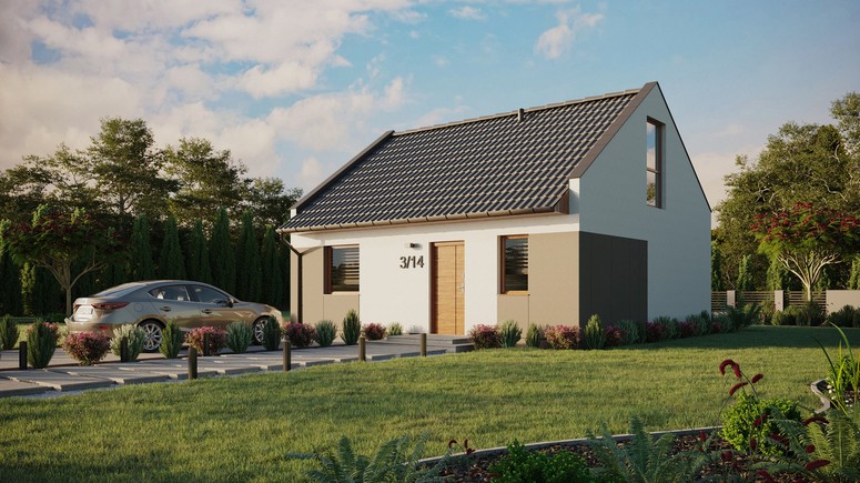 ERDOL 1 - Version Links (Wohnzimmer auf der linken Seite) - Modernes Satteldach mit Dachgeschoss -Dachneigung 35 Grad - keine Dachfenster - Balkontür im Esszimmer und Bodentiefe Fenster im Dachgeschoss - Styropor, Netz, Kleber - Goldene Eiche - Ohne