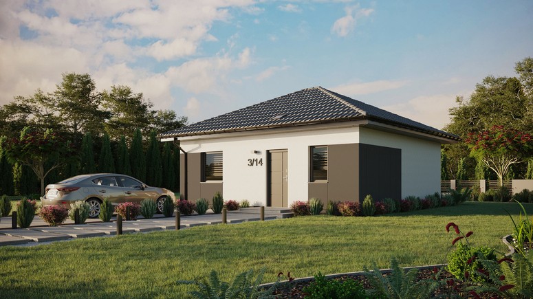 ERDOL 1 - Version Links (Wohnzimmer auf der linken Seite) - Walmdach ohne Dachgeschoss- Dachneigung 25 Grad - Starres Tunneldachfenster - Standard - Styropor, Netz, Kleber - Anthrazit