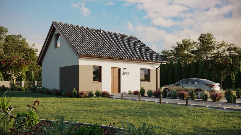 ERDOL 1 - Version Rechts (Wohnzimmer auf der rechten Seite) - Satteldach mit Dachgeschoss -Dachneigung 35 Grad - keine Dachfenster - Standard - Styropor, Netz, Kleber - Nusbaum - Ohne