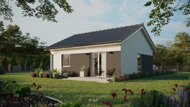 ERDOL 1 - Version Links (Wohnzimmer auf der linken Seite) - Satteldach ohne ausgebautem Dachboden - Dachneigung 25 Grad - keine Dachfenster - Balkontür im Esszimmer - Styropor, Netz, Kleber - Weiß - Ohne