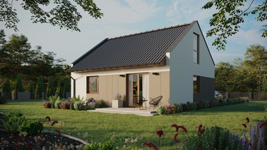 ERDOL 1 - Version Links (Wohnzimmer auf der linken Seite) - Modernes Satteldach mit Dachgeschoss -Dachneigung 35 Grad - keine Dachfenster - Bodentiefe Fenster im Dachgeschoss - Styropor, Netz, Kleber - Goldene Eiche - Photovoltaik-Installation 6,4 kWp (16 Paneele)