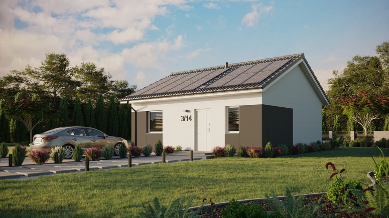 ERDOL 1 - Version Links (Wohnzimmer auf der linken Seite) - Satteldach ohne ausgebautem Dachboden - Dachneigung 25 Grad - Starres Tunneldachfenster - Standard - Styropor, Netz, Kleber - Weiß - Photovoltaik-Installation 6,4 kWp (16 Paneele)