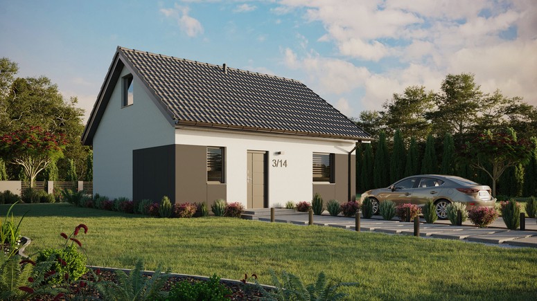 ERDOL 1 - Version Rechts (Wohnzimmer auf der rechten Seite) - Satteldach mit Dachgeschoss -Dachneigung 35 Grad - keine Dachfenster - Standard - Styropor, Netz, Kleber - Anthrazit - Ohne