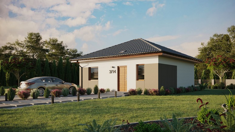 ERDOL 1 - Version Links (Wohnzimmer auf der linken Seite) - Walmdach ohne Dachgeschoss- Dachneigung 25 Grad - Starres Tunneldachfenster - Standard - Styropor, Netz, Kleber - Goldene Eiche