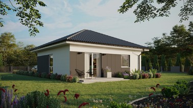 ERDOL 1 - Version Rechts (Wohnzimmer auf der rechten Seite) - Walmdach ohne Dachgeschoss- Dachneigung 25 Grad - keine Dachfenster - Balkontür im Esszimmer - Styropor, Netz, Kleber - Weiß