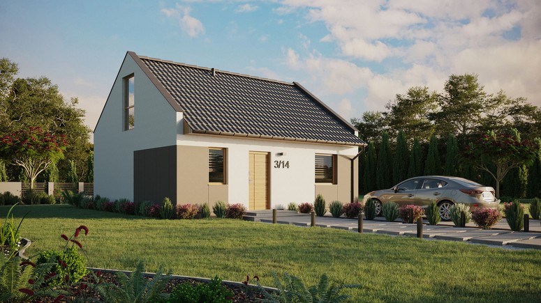 ERDOL 1 - Version Rechts (Wohnzimmer auf der rechten Seite) - Modernes Satteldach mit Dachgeschoss -Dachneigung 35 Grad - keine Dachfenster - Bodentiefe Fenster im Dachgeschoss - Styropor, Netz, Kleber - Winchester - Ohne