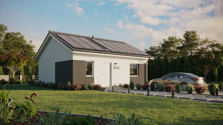 ERDOL 1 - Version Rechts (Wohnzimmer auf der rechten Seite) - Satteldach ohne ausgebautem Dachboden - Dachneigung 25 Grad - Starres Tunneldachfenster - Standard - Styropor, Netz, Kleber - Weiß - Photovoltaik-Installation 6,4 kWp (16 Paneele)